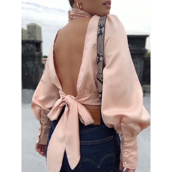 Tops - Kelis Satin High Neck Puff Sleeve Blouse - Peach